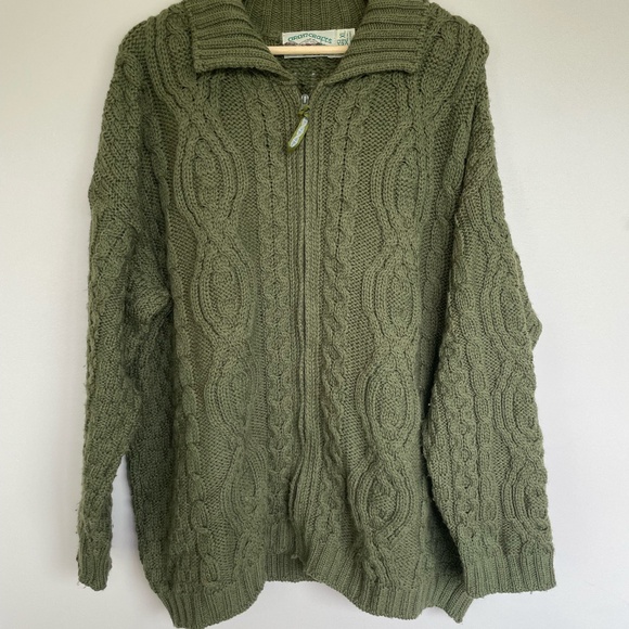 Aran Crafts Irish Green 100% Merino Wool zip up cardigan sweater size XL - Picture 1 of 5